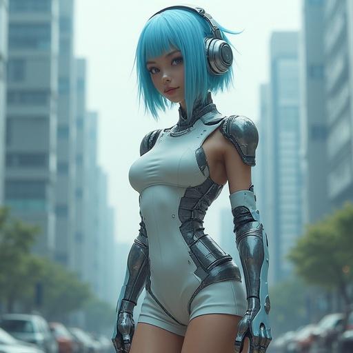 Young woman from outer space dressed in futuristic sleeveless mini dress. She has light blue bob hair and is wearing a futuristic headset. Arm covers and thigh high boots complete her outfit. In the background, a spaceship is landed in a suburban park in Tokyo.