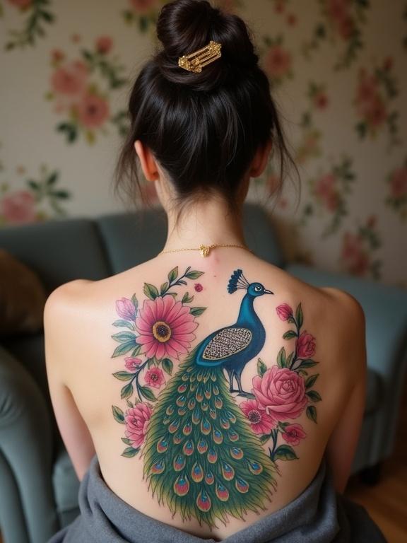 Photograph of a woman with large peacock tattoo on her back. Tattoo features peacock with fan-like feathers surrounded by flowers. Woman sits with back to camera, styled hair in high bun with gold clip. Room background blurred with floral wallpaper.