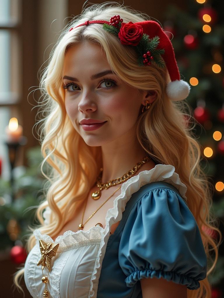 A woman dressed in a vintage-inspired blue dress with festive embellishments stands in front of a decorated Christmas tree. She has long blonde hair and is wearing a Christmas-themed headband. The background features warm lighting and holiday decorations.