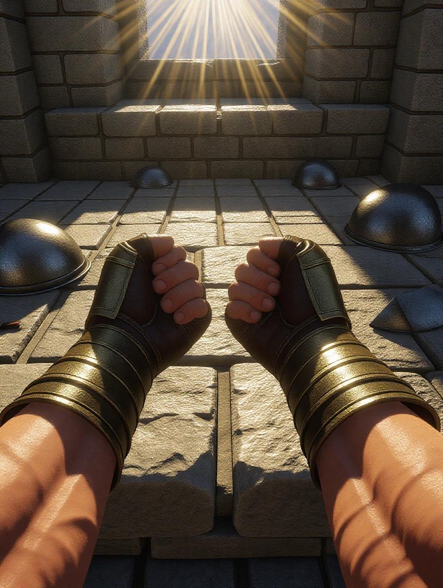 First-person view of hands gripping leather gladiator gauntlets. Muscles are tense and veins are prominent. Golden rays of sunlight stream in from above. Rough stone bench and scattered armor fragments are visible. Hands and armor textures are photorealistic with hyperreal reflections.