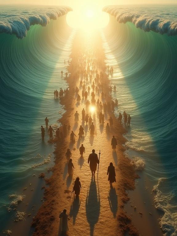 A top-down cinematic view of Moses parting the Red Sea. The scene shows a corridor of dry seabed with Moses gripping a staff. A multitude of Israelites follows him, walking on the seabed. Towering waves rise on both sides with fish visible in the water. Rays of light pierce through the mist. The atmosphere is epic and emotionally charged with detailed visuals.