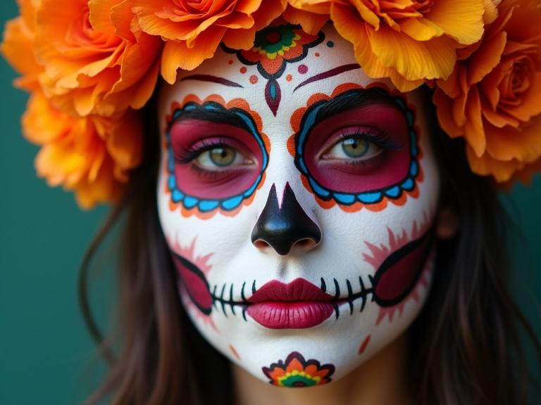 Medium shot of a woman with Día de los Muertos face paint and floral crown. Bright and colorful design. Detailed makeup highlighting traditional symbols.