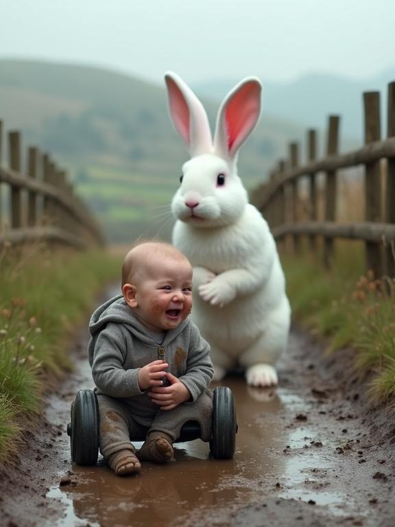 Image of a baby sitting on a muddy path with a wheelchair. The baby appears distressed with mud on clothing and face. In the background, a large white and pink rabbit is observing. The setting includes rolling hills and a wooden fence with a misty atmosphere.