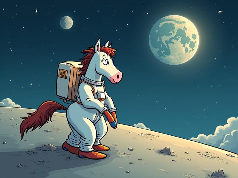 Funny cartoon of a horse in an astronaut suit on the Moon. The horse appears scared while sitting on an astronaut's back.