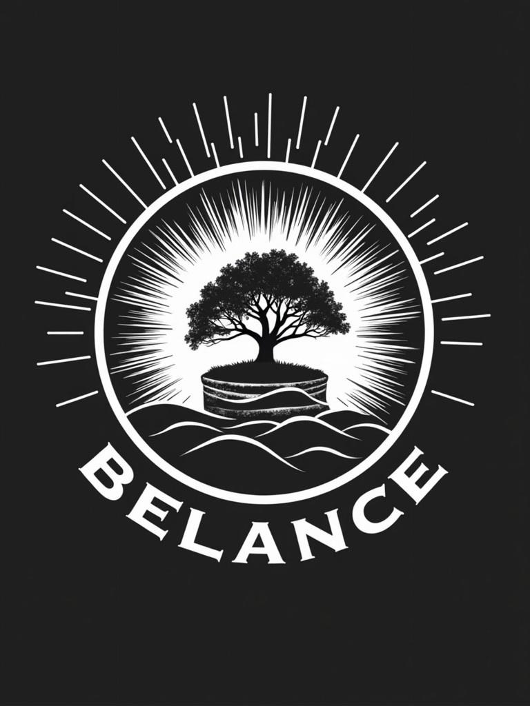 Graphic design featuring a tree in the center with rays of light around it. The word 'BALANCE' in bold letters underneath the tree. Black background with white elements.