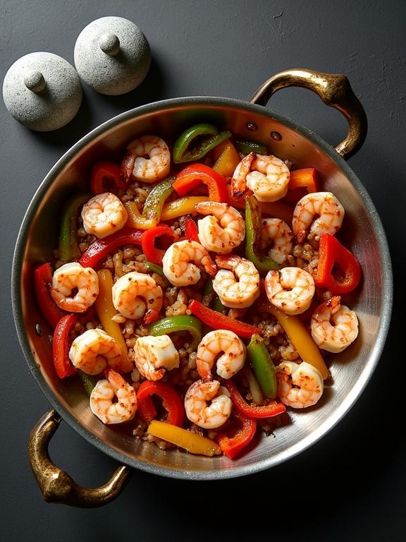 Top-down view of a rustic metal serving pan with shrimp and vegetables on a black background. Shrimp are pink and slightly curled, mixed with red, yellow, and green bell peppers. Two round stone salt and pepper shakers are in the corner. High-end food aesthetic.