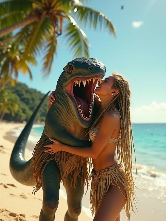 Hyperrealistic cinematic style scene. A beautiful Slavic warrior tribal princess. Cheerful and laughing while hugging a friendly sea monster. Tropical beach setting with palm trees. Shiny sun-kissed skin and long braided hair. Highly detailed with bright colors. Magical and joyful atmosphere.
