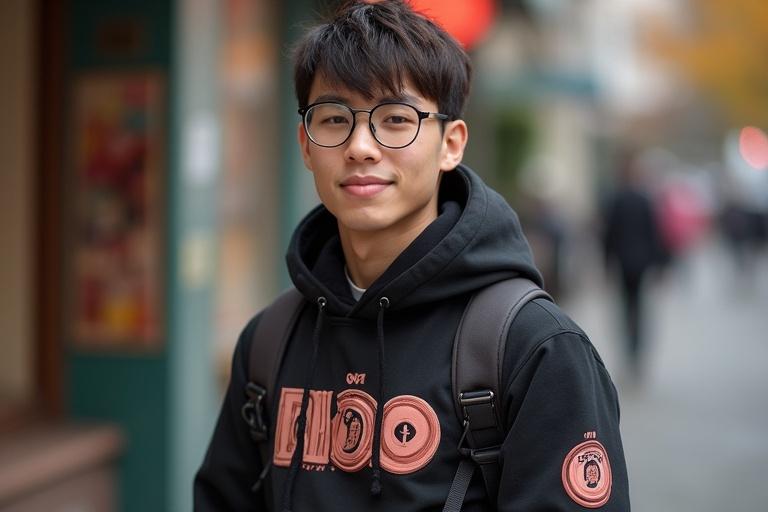 A young seller stands confidently on a city street. The seller wears a stylish black hoodie with a logo. The background has blurred people and shops. The image captures a vibrant urban scene.