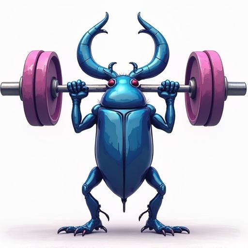 3D illustration of a Dynastes taurus beetle lifting weights. Beetle stands on human legs. Shades of blue purple white gray and pink used in the design.