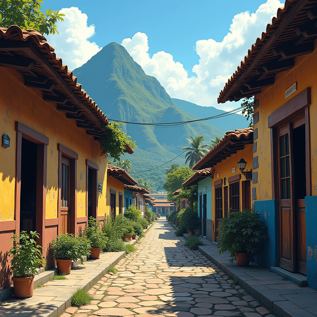 A narrow cobblestone street is lined with colorful houses, leading toward a towering green mountain in the background.