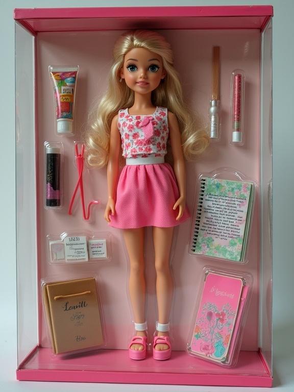 Doll displayed in a transparent blister package. Doll has long blonde hair, wearing a pink outfit. Accessories include lipstick, notebook, and a stick placed beside the doll.