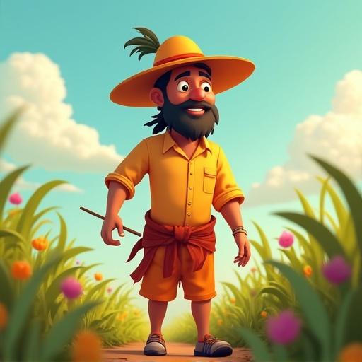 An animated Indian farmer character smiles walking through green fields of flowers holding a stick wearing a yellow outfit and a large hat