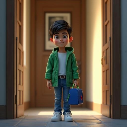3D cartoon character standing in home entrance. Child holds a blue and red judo bag. The atmosphere conveys silent tension. Character appears nervous and silent. Ten-year-old child is slim with short disheveled dark brown hair with slightly longer strands on top and big hazel eyes. Features light freckles on cheeks and nose with an annoyed, nervous expression. He wears a dark water-green zip-up hoodie with a bright lime zipper, a white t-shirt underneath, dark blue jeans with rolled cuffs, and low white sneakers with aqua details. The scene has soft, uniform lighting casting thin shadows defining the character's shape.