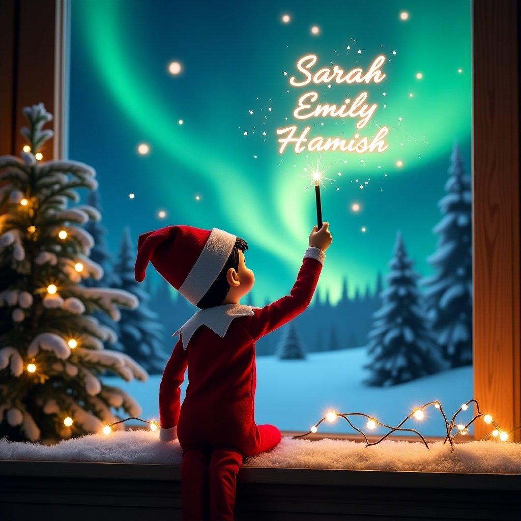 Enchanting Christmas scene featuring elf on the shelf. Elf in red and white positions back to viewer. Elf wields magic wand writing names in glowing script. Backdrop with vibrant northern lights. Scene depicts festive atmosphere and whimsical holiday spirit.