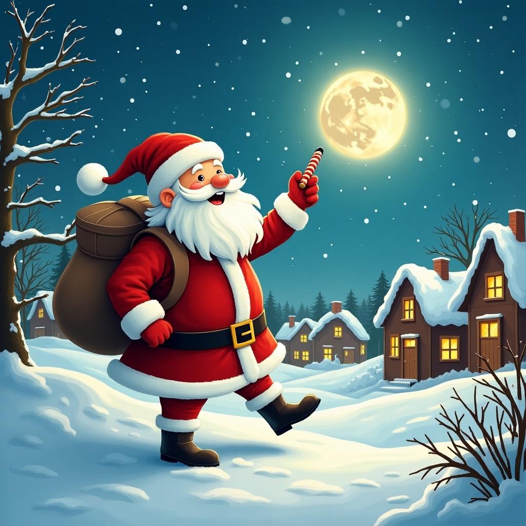 Santa in a snowy village with a bright moon. Santa is playfully pointing in the sky. The scene reflects a festive holiday spirit with snow-covered trees and cozy houses.