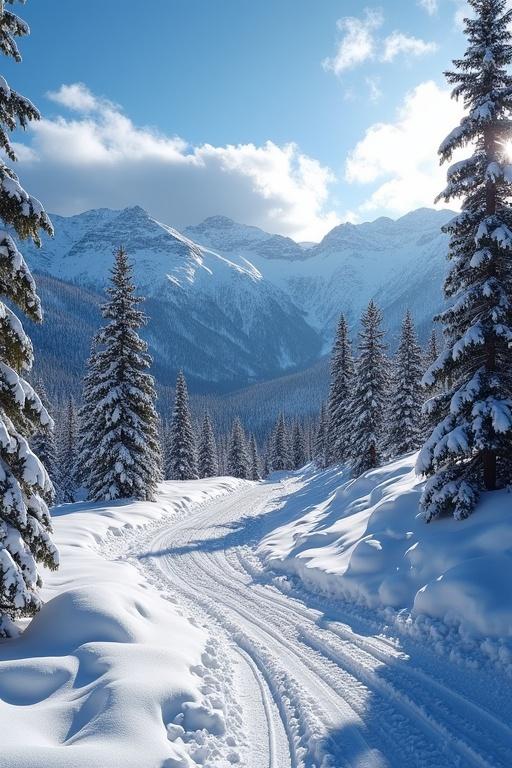 Vibrant winter landscape in Colorado with snow-covered mountains and trees. Clear blue sky and bright sunlight. A snowy path trails through the landscape.