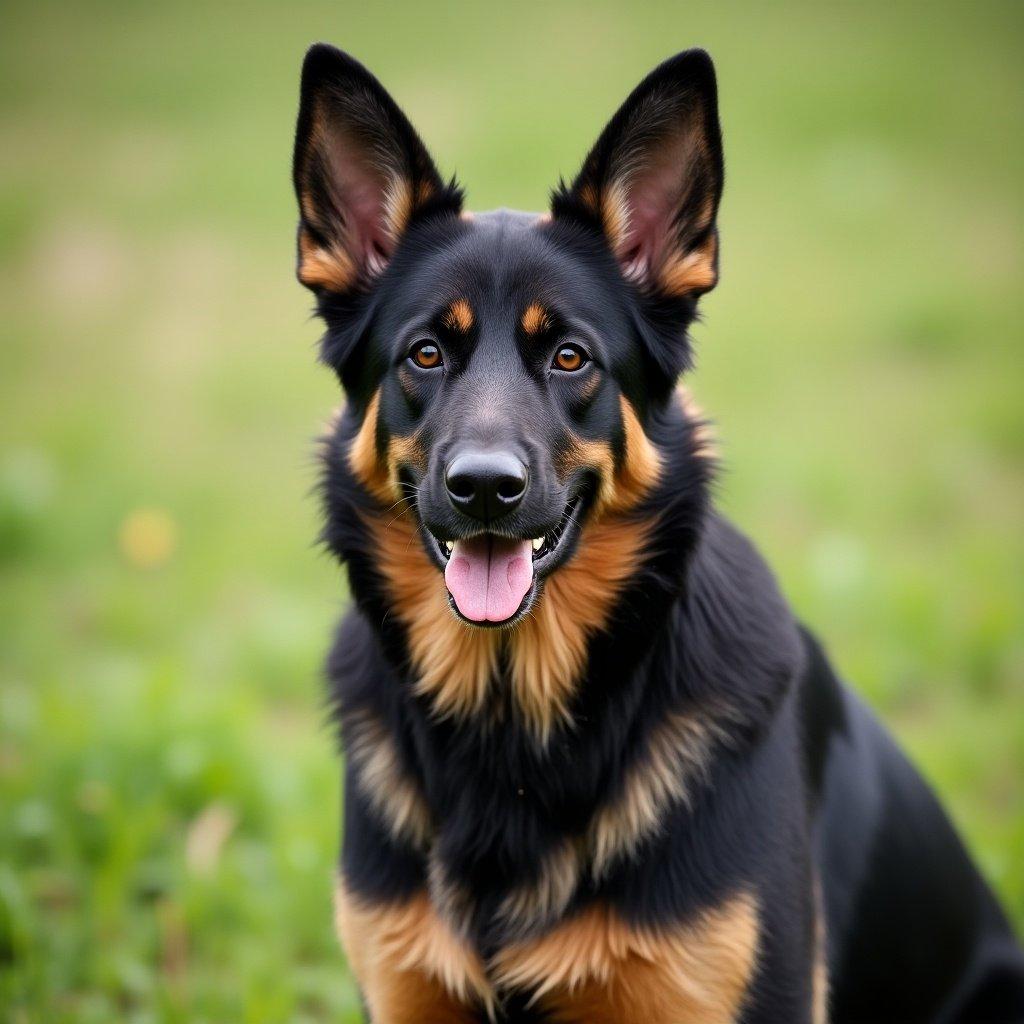 Short haired black and tan German Shepherd sits in a meadow. Dog appears happy with its tongue out.