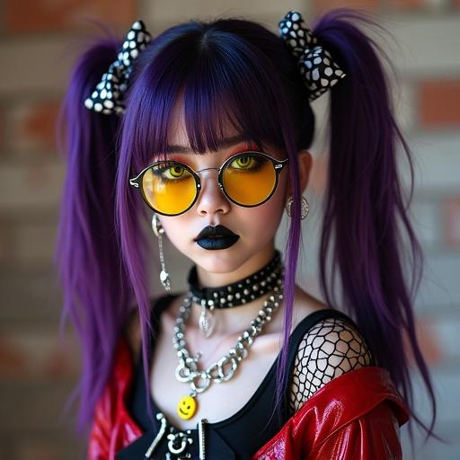 Detailed full body portrait of a cyber rave pop emo goth girl. She has purple and black hair styled in two long tails with black and white bows. Her outfit is red and black leather with a black fishnet sleeve. She wears a silver spiked collar and multiple chains including a yellow smiley face pendant. She has silver hoops and piercings in her nose and labret. Her eyes are yellow with heavily styled black and purple makeup, highlighted with black lipstick. Neon yellow sunglasses are worn. Background is a studio with a brick wall. Cinematic lighting enhances the details.