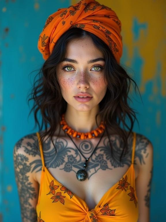 Young woman has dark wavy hair and freckles. She wears an orange headscarf with black floral patterns. Light makeup is applied with defined eyelashes and subtle blush. Striking green eyes look directly at the camera. Intricate black tattoos cover both shoulders and upper chest featuring mandala-inspired floral designs. A layered necklace consists of orange beads and a single black pendant. She is in a fitted yellow crop top under an orange floral dress. Background features a vibrant blue-and-yellow gradient. Warm studio lighting casts soft shadows on the face and highlights textures of fabric and tattoos.