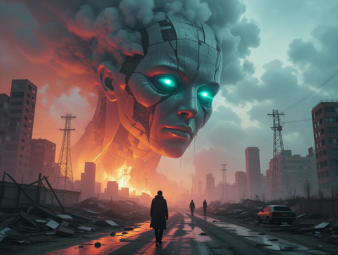Digital artwork depicting a dystopian scene with a giant head emanating surreal flames in the background. Two shadowy figures walk towards the viewer in a deserted urban landscape featuring crumbling buildings and power lines. Emphasis on colors and dramatic lighting conveying a sense of hopelessness.