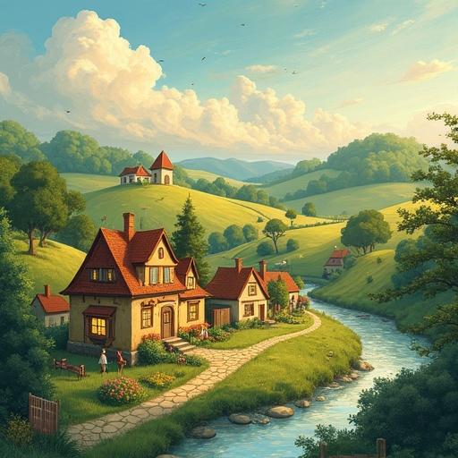 Whimsical countryside village scene with quaint houses nestled among rolling hills and streams. Warm glowing windows create a cozy glow. Sky filled with swirling clouds. Signs of village life visible throughout. Idyllic landscape with a dreamy quality. Unique blend of Impressionist brushwork and soft fantasy aesthetics.