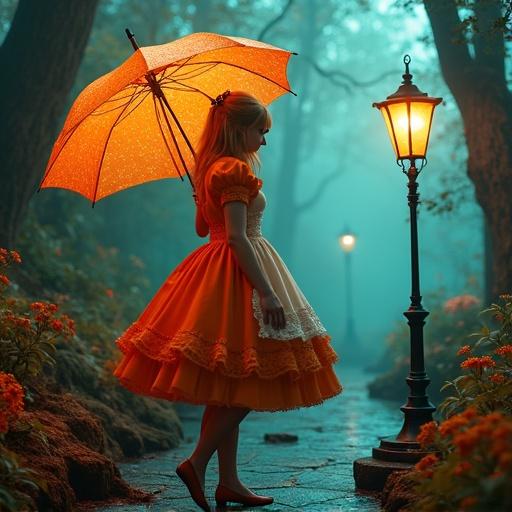 Alice in Wonderland themed image with steampunk style showcasing a woman in an orange dress holding a glowing umbrella with a beautiful background of tall trees and a lamp post.