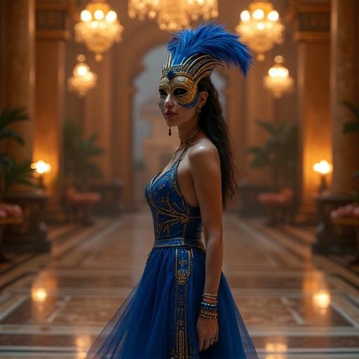 A mysterious woman stands alone at a lavish masquerade ball. The scene is inspired by the Egyptian goddess Isis. She wears a golden mask adorned with blue lapis lazuli and peacock feathers. Her gown flows like silk, shimmering in deep sapphire and gold, decorated with ancient Egyptian motifs. A faint magical aura surrounds her with glowing hieroglyphs floating in the air. The marble floor reflects soft candlelight; enchanted chandeliers float above her. Her eyes shine with ancient knowledge, exuding grace and power.