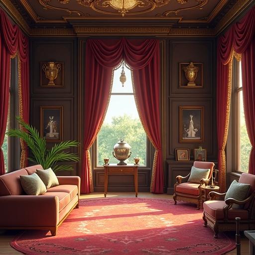 Anime inspired illustration of a luxurious trophy collection room inside a modern mansion in Indianapolis during summer. Morning sunlight fills the room. Rich red curtains frame the large windows. Ornate decor includes paintings and a trophy vase. A plush couch and classic armchair provide seating.