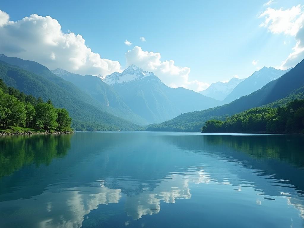 The image showcases a stunning natural landscape featuring a calm lake surrounded by majestic mountains. The water is crystal clear, reflecting the beautiful clouds and the snow-capped peaks. Lush greenery lines the shores, creating a serene atmosphere. The sunlight bathes the scene, enhancing the tranquil vibes of this picturesque location. It's an ideal representation of untouched nature and the beauty of the outdoors.