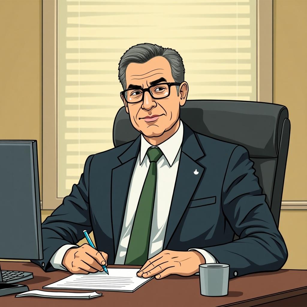 Cartoon portrayal of a bureaucrat sitting at a desk in an office. The bureaucrat is focused on writing notes. A computer and a cup are on the desk. The atmosphere suggests an unproductive meeting.