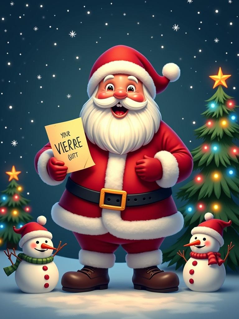 Cheerful Santa Claus dressed in red and white holds a letter. Two snowmen stand beside him. Dark winter night with twinkling stars and colorful Christmas lights on nearby trees. Captures the spirit of holiday gift giving.