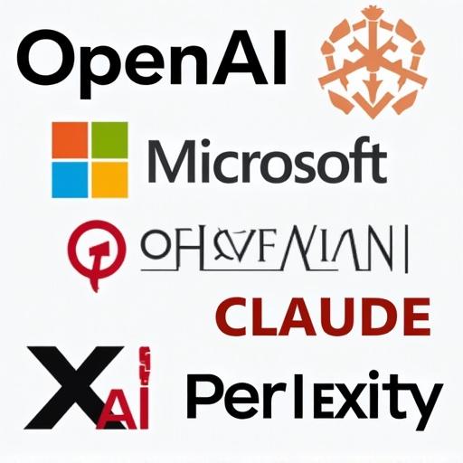 Collage of logos from major AI companies including OpenAI Microsoft Gemini X AI Claude Perplexity