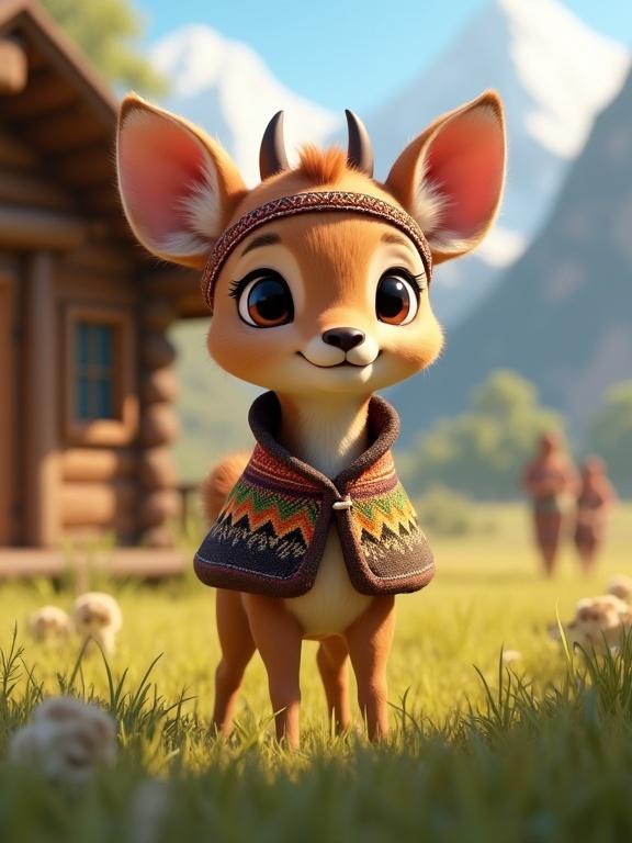 A cute baby pudú in 3D with soft brown fur and white spots. It has tiny horn buds and gentle eyes. The deer smiles and stands in a grassy clearing near a wooden cabin. Wearing a small traditional Mapuche poncho and a woven headband, with a background of Araucaria trees and snowy mountains. Cozy natural environment, warm vibe.