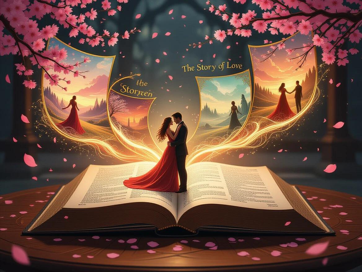 An open mystical book rests on a large wooden table. Pages emit a soft golden glow. Text and illustrations evolve into vivid floating scenes. The first scene depicts a luminous couple surrounded by cherry blossoms and a golden sunset symbolizing love. The second shows armored soldiers on a battlefield filled with ash and fire. A third scene captures children playing in a meadow, bright flowers around them. The fourth features an explorer on a mountain peak with an aurora backdrop and mythical creatures. Light threads connect the scenes, and magical particles fill the air. Moonlight filters through a cracked window, enhancing the dreamlike quality of the entire composition.