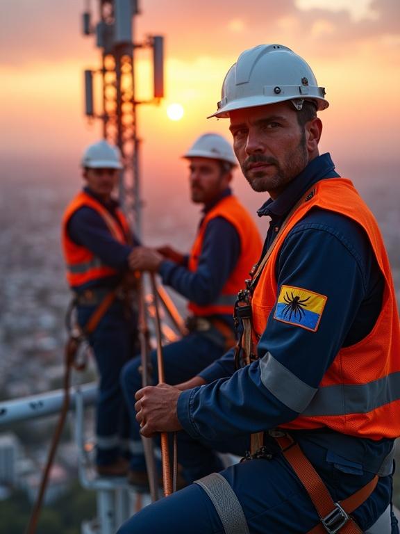 Three telecommunications technicians install antennas atop a telecommunications tower. They wear helmets, harnesses, and reflective vests. Scene captured during golden hour with vibrant sky. City skyline visible below. Focus on the lead technician with tarantula patch on uniform. Structure details highlighted.