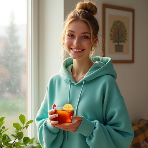 2D realistic digital illustration of a young woman indoors on a bright November day. She stands upright smiling. Wearing a cozy turquoise hoodie. Holding a transparent cup of tea with a lemon slice. Background shows a light-colored wall with a framed picture. Large window with daylight and raindrops visible. Green houseplant at the bottom. Scene feels warm and peaceful.