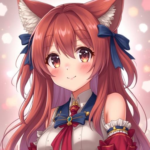 Create an image of a beautiful anime girl with long flowing hair and a cute outfit. Emphasize her character design and vibrant colors. The background should be soft and ethereal.