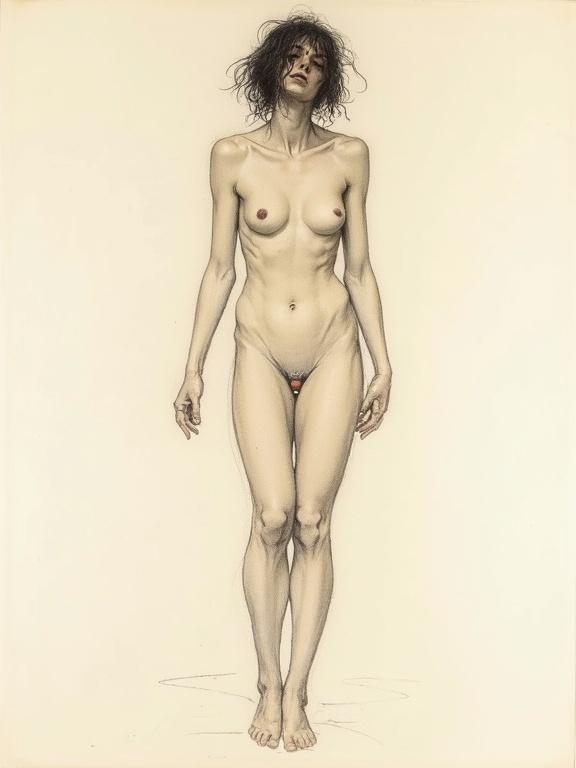 Expressive raw nude figure drawing of a woman with exaggerated limbs and tense pose sketched in rough strokes. Inspired by Egon Schiele. Muted color palette blank background 20th century Austrian expressionism psychological depth.