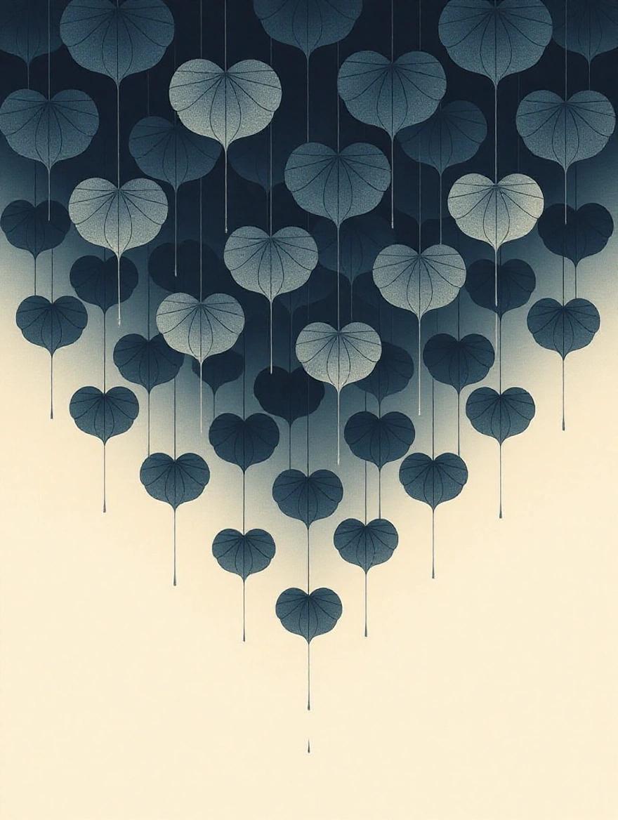 Falling vertical lines with soft edges resembling petals against a dark background. Stylized rain represented through heart-shaped elements.