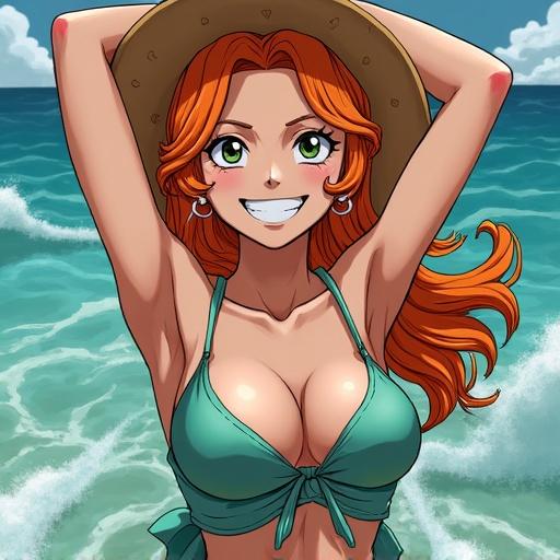 Anime character at the beach. Woman with long orange hair wearing a bikini and sun hat. Smiling and enjoying the ocean. Blue waves and sunny sky in the background.
