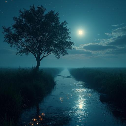 Ethereal dark grassy area with a tree. Lovely river with amazing high resolution reflections. In the distance glowing pretty fireflies and the moon. Stellar movie-like masterpiece with halation.