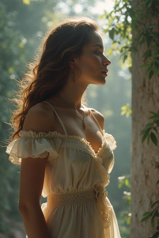 View from a woman's perspective showing silhouette against soft light and foliage. Ethereal setting with natural beauty and delicate features.