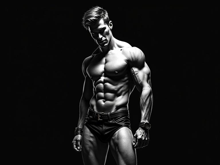 Bold muscled guy with leather tight costume and bare legs. Looking into the camera at a Dutch angle. Black background. Hyper-detailed graphite sketch style with Sin City contrast.