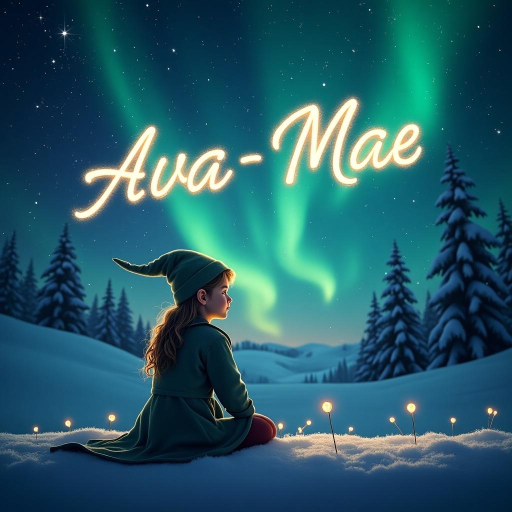 A young girl named Ava-Mae sits on the snowy ground, gazing up at the vibrant Northern Lights illuminating the night sky. She wears a festive elf costume, complete with a pointed hat and a cozy green outfit. Glowing lights are scattered around her, adding a magical ambiance to the winter scene. The name 'Ava-Mae' is brilliantly written in sparkling letters against the backdrop of the Aurora Borealis. This enchanting atmosphere captures the wonder of childhood and the joy of the holiday season.