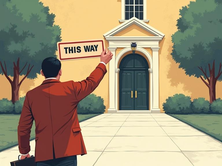 Illustration showing a guide welcoming attendees into a building. The guide holds a sign saying 'this way' and directs viewers with a flat palm gesture.