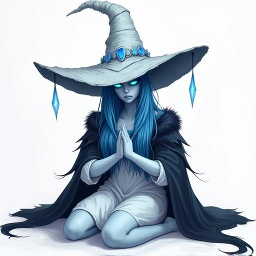 Image of Ranni the Witch from Elden Ring. She has pale blue skin, blue glowing eyes, and long flowing blue hair. Features a large, pointed witch's hat with glowing blue elements. Wears a white dress and a dark fur-lined cloak. Unique four arms in a contemplative pose.