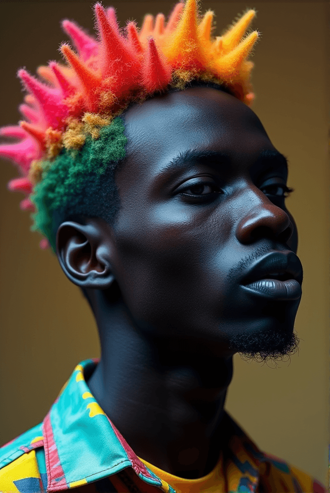 A person with vibrant, multi-colored spiky hair and a patterned shirt.