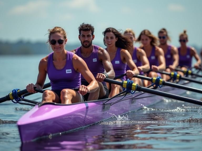 Dynamic editorial photograph of diverse rowing team of men and women in purple racing boat rowing together. Professional sport photo.