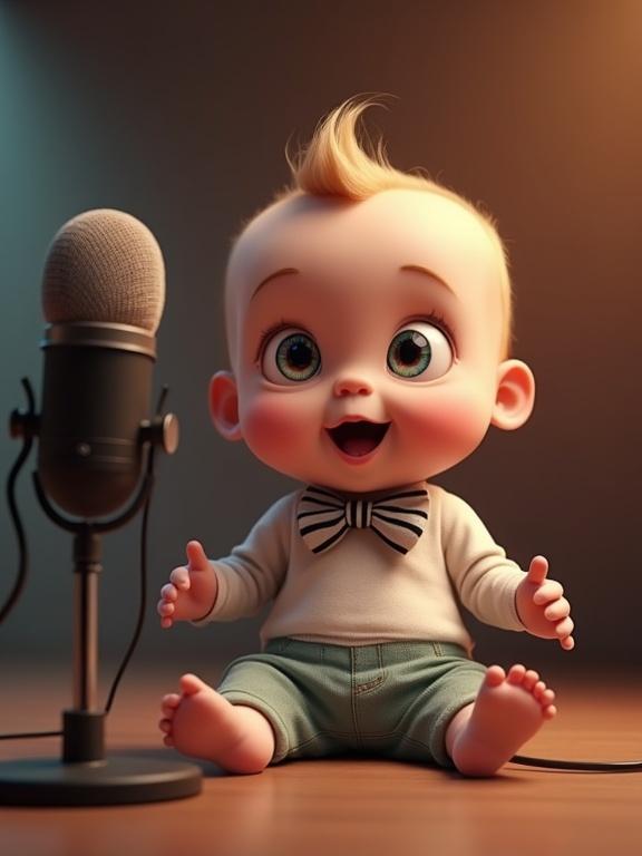 A humorous and charismatic baby avatar in a studio setting. Baby is sitting next to a microphone doing a podcast. She is wearing a tiny bowtie. The baby has expressive eyes, with one eye winking. Overall vibe is quirky, fun, and full of personality.