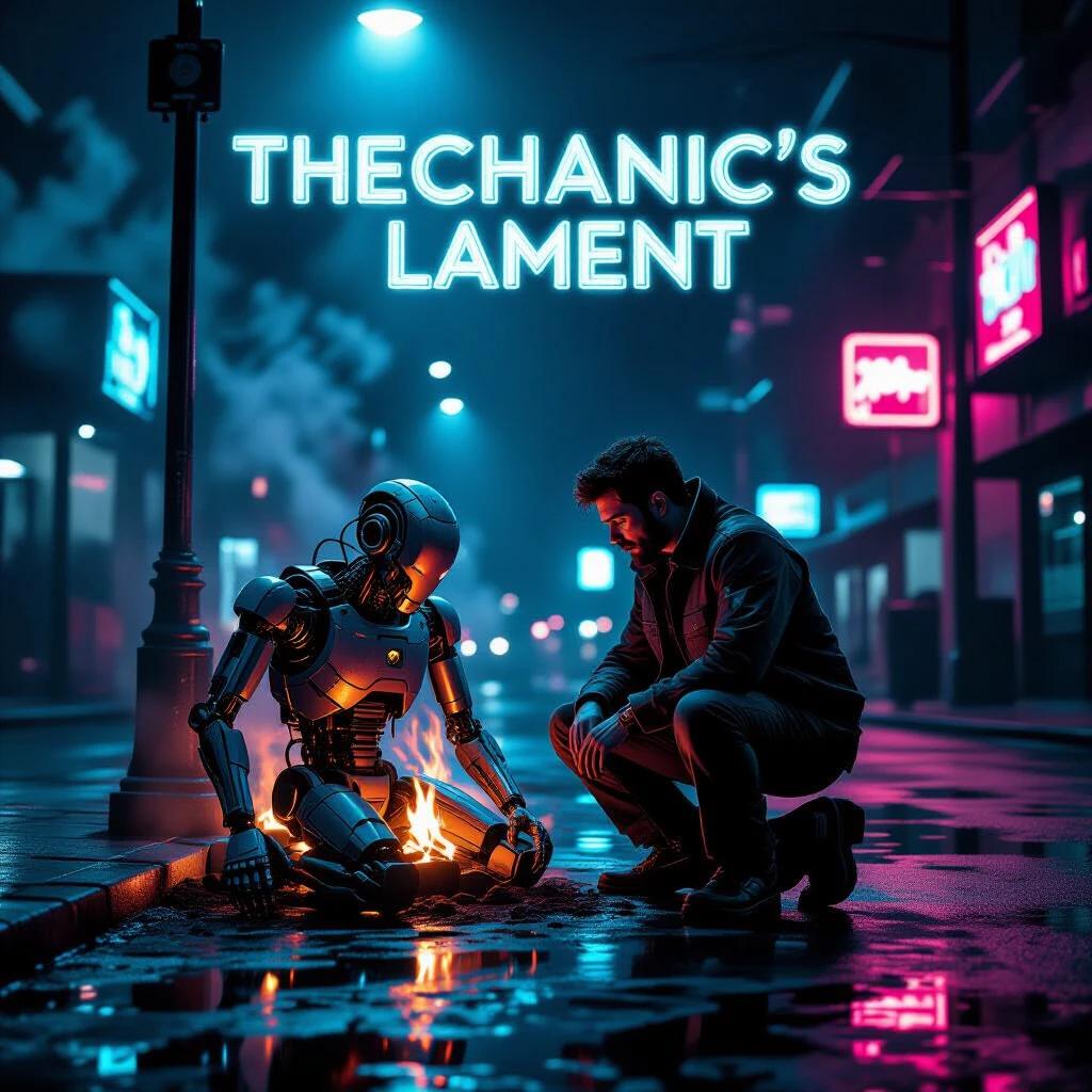 Mechanic kneels beside a humanoid robot under a streetlight. Title: The Mechanic’s Lament. Neon signs illuminate wet pavement. Strong backlighting and deep shadows. Sci-fi realism.